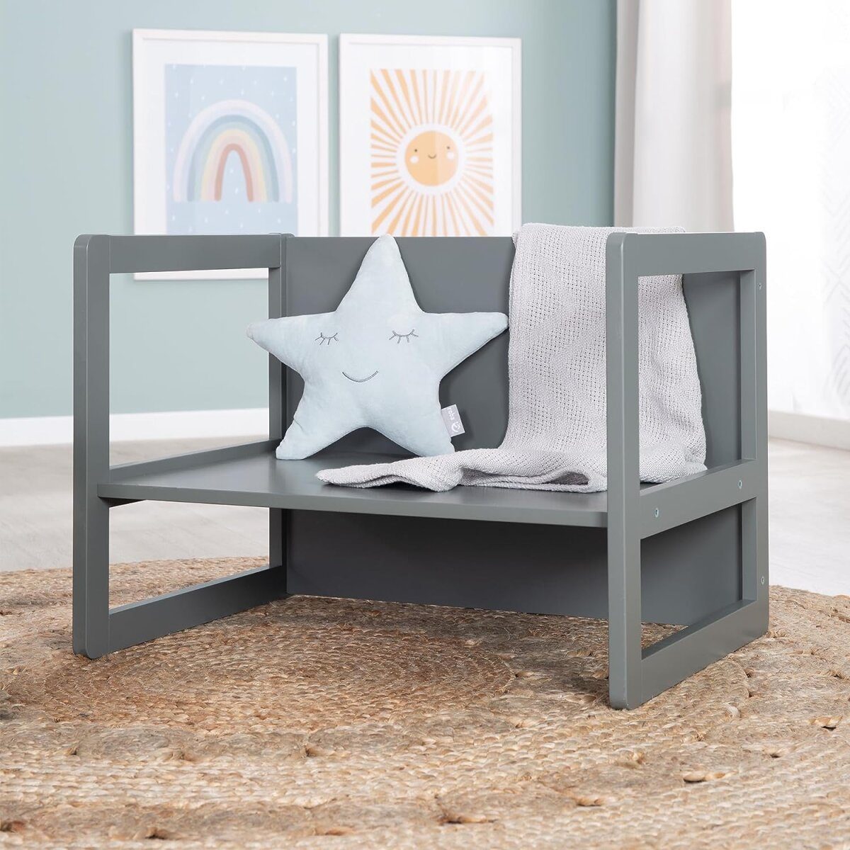 roba children's seating group 3in1 - reversible stool & table - convertible into a children's bench, anthracite