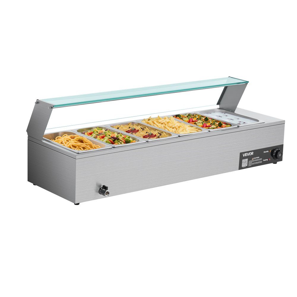 Commercial Food Warmer (6 Size 1/3 Containers), 1.5KW Stainless Steel Electric Warming Container with Glass Cover and Soup Ladle, Chafing Dishes for Catering Restaurant Parties
