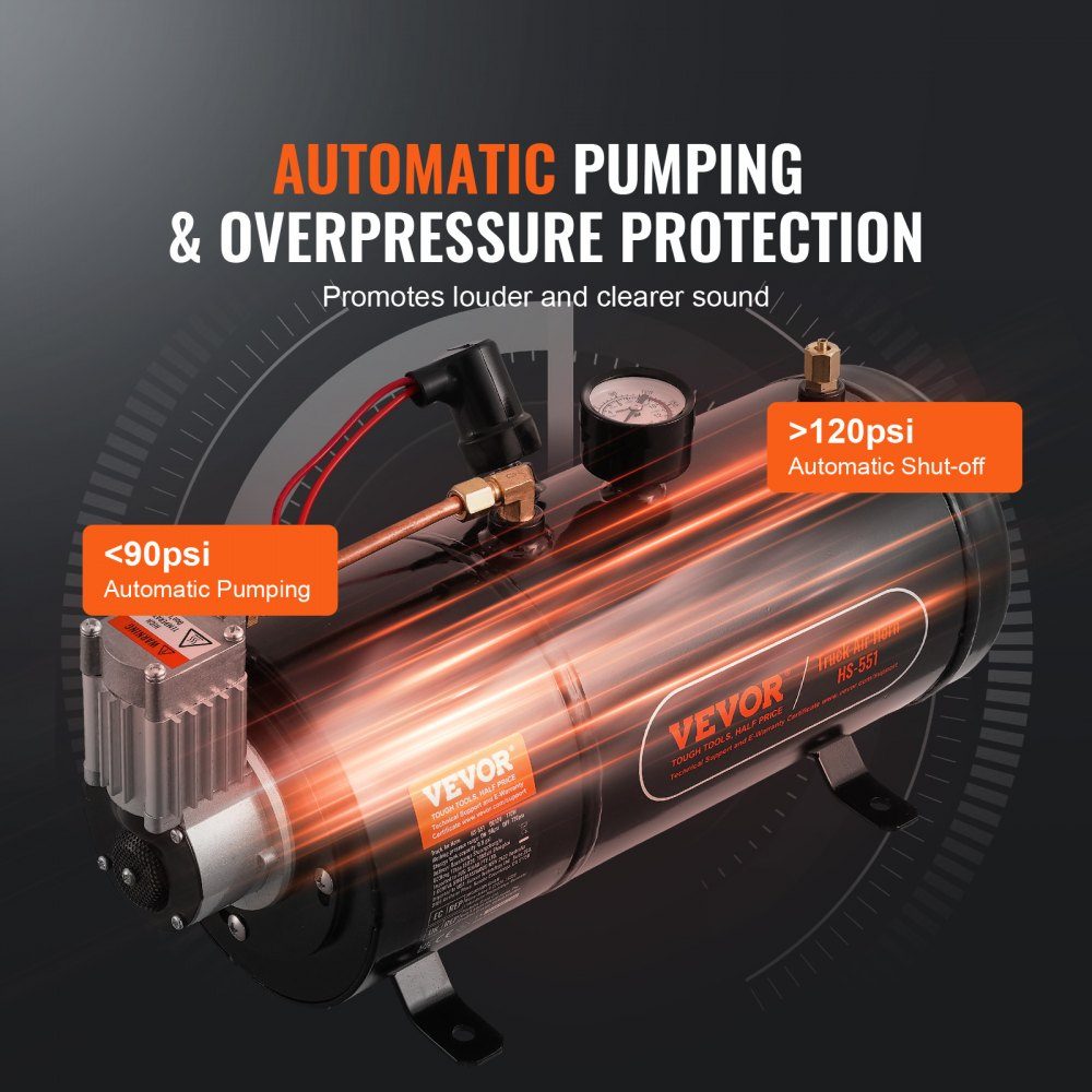 12V Air Compressor Kit with Tank 3L, Train Horn Air Compressor Kit, 90-120 PSI Working Pressure, Integrated Air Compressor System for Train Air Horns, Inflating Tires, Trucks, SUVs, etc. Black