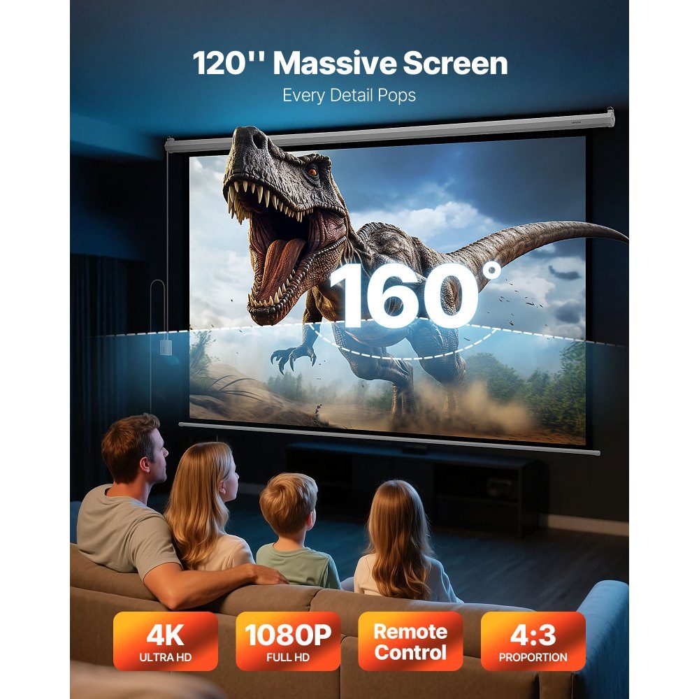 Motorized Projection Screen Projector Screen 120 Inch 4:3 4K 1080 HD Projection Display Projector with Remote Control Automatic Movie Screen Portable Rolling Screen Home Theater Home Office