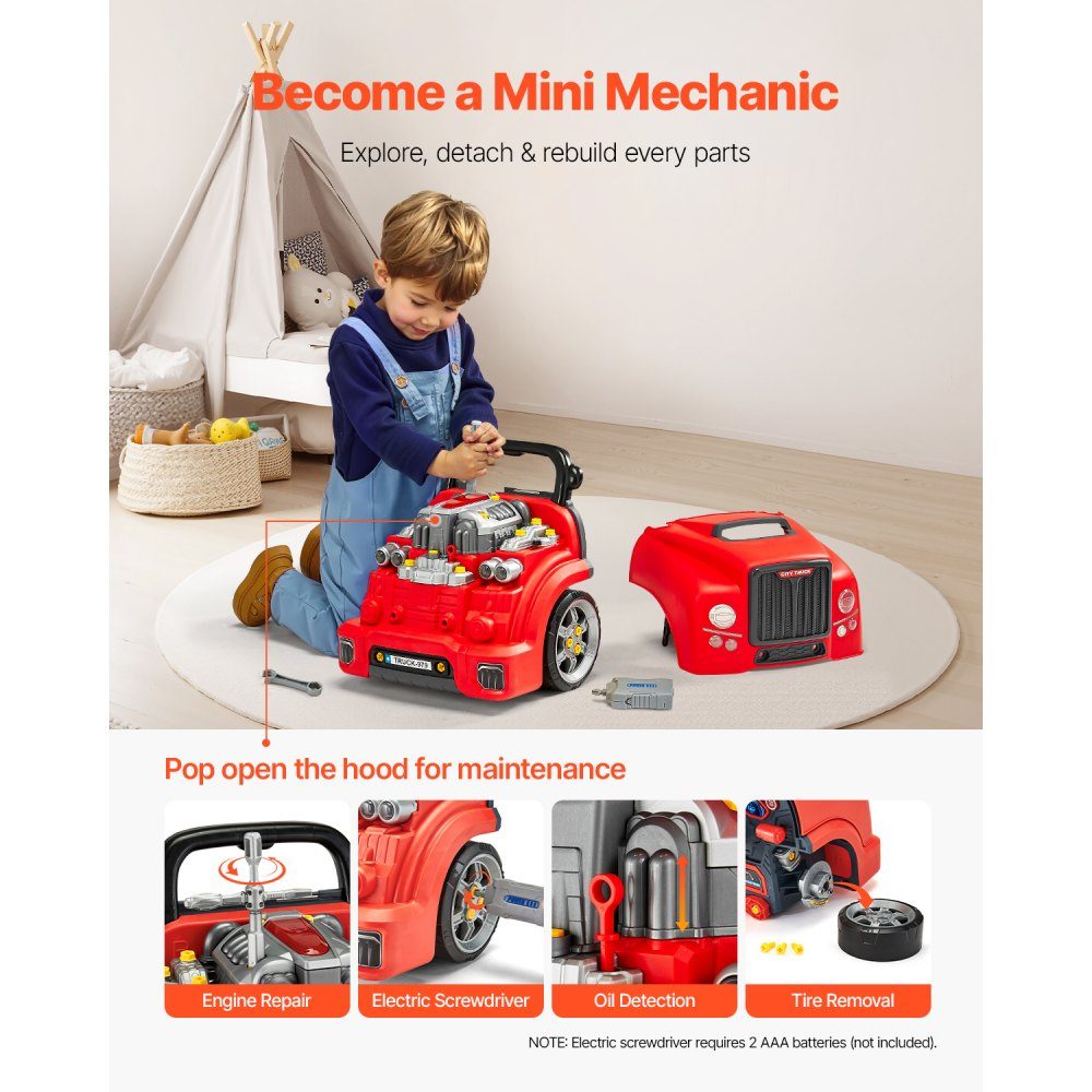 Jouet à moteur, kit de réparation de voiture de 60 pièces pour enfants avec pièces détachables, lumières et sons, volant et klaxon, kit d'atelier mécanique pour enfants pour les tout-petits à partir de 3 ans, rouge