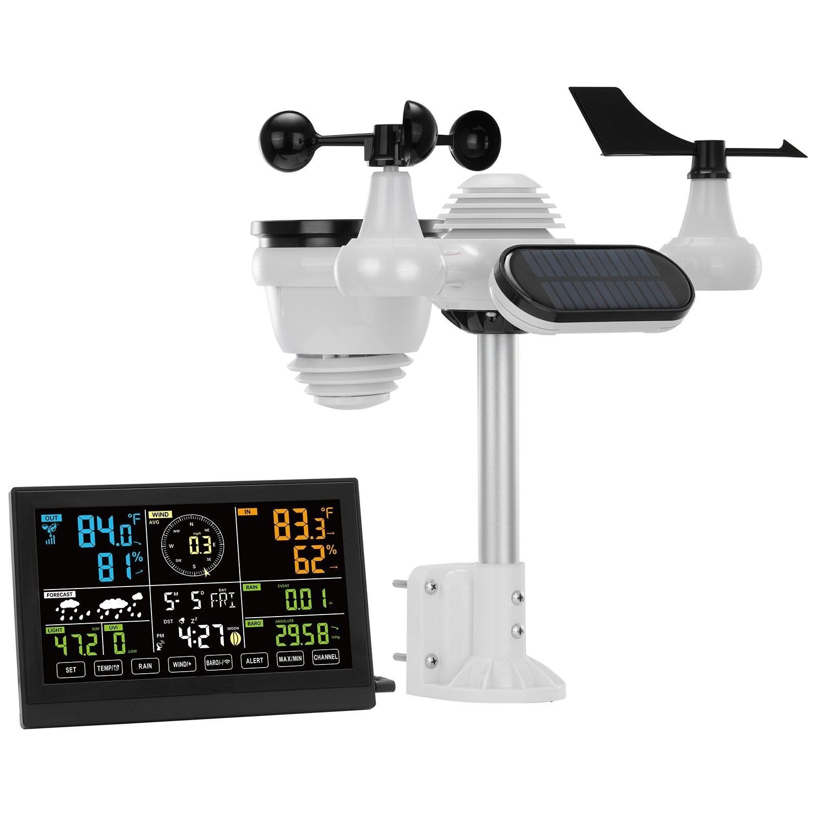 Station météo 7 en 1, station météo sans fil avec capteur extérieur, écran couleur 7,5", horloge atomique RCC pour mesurer la direction du vent, la vitesse du vent, la pression barométrique, la température et l'humidité intérieure/extérieure, la phase de