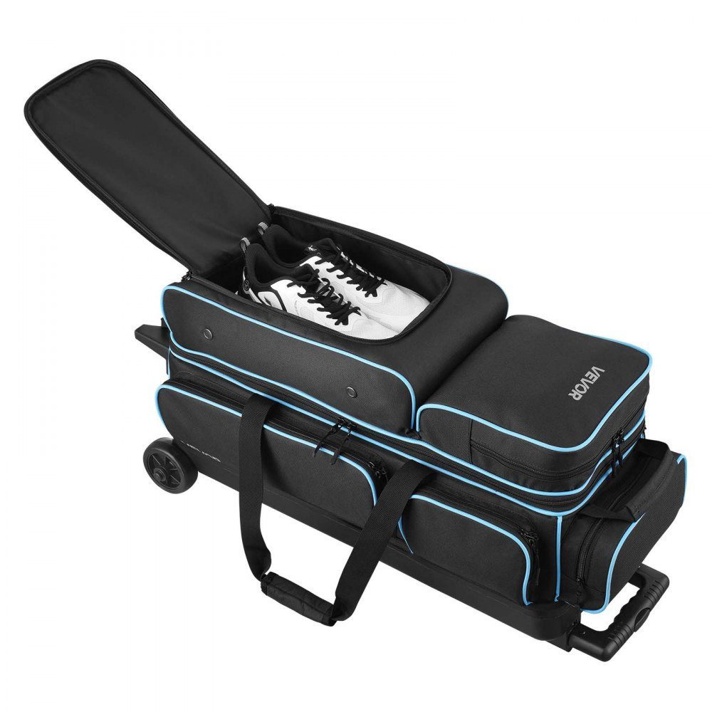 Bowling ball bag for 3 balls with double wheels and separate compartment for shoes (up to US size 16) and oversized accessory pocket, extendable handle, extends to 105 cm, black + blue