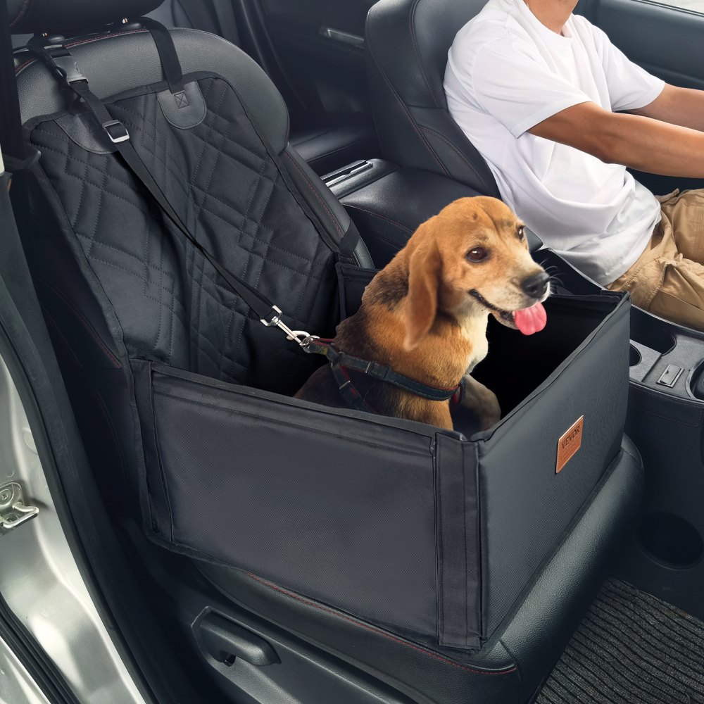Dog Car Seat, Booster Dog Car Seat with Support Frame, Pet Car Seat with Attachable Safety Leash, Cotton Filling, Dog Car Bed for Small Dogs up to 26 lbs, Black
