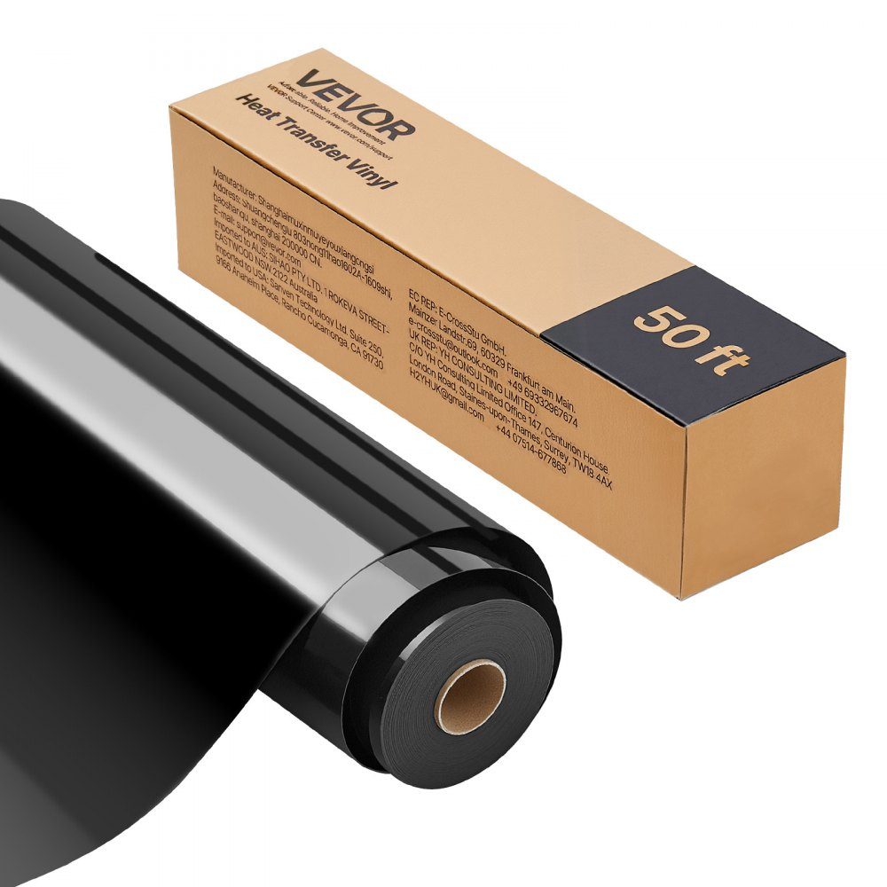 Film vinyle de transfert thermique (304,8 x 15240 mm) Noir brillant HTV Rouleau de vinyle thermocollant compatible avec les machines de découpe pour divers matériaux T-shirts Coussins Chapeaux
