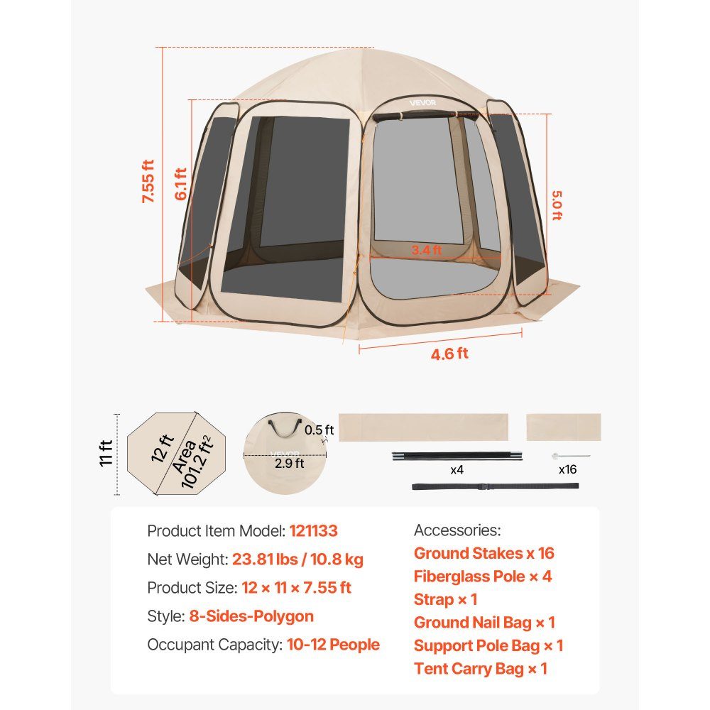 Pop Up Tent 144" x 134" Portable Camping Tent for 10-12 People with Net, Carry Bag, Side Walls and Pegs for Garden, Patio and Outdoor Activities, Beige