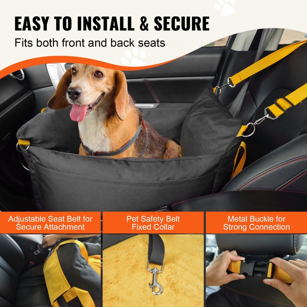 Dog Car Seat Booster Seat with Side Handles and Storage Bag, Attachable Safety Leash and PP Cotton Filling, Dog Car Bed for Small Dogs up to 25 Pounds, Black