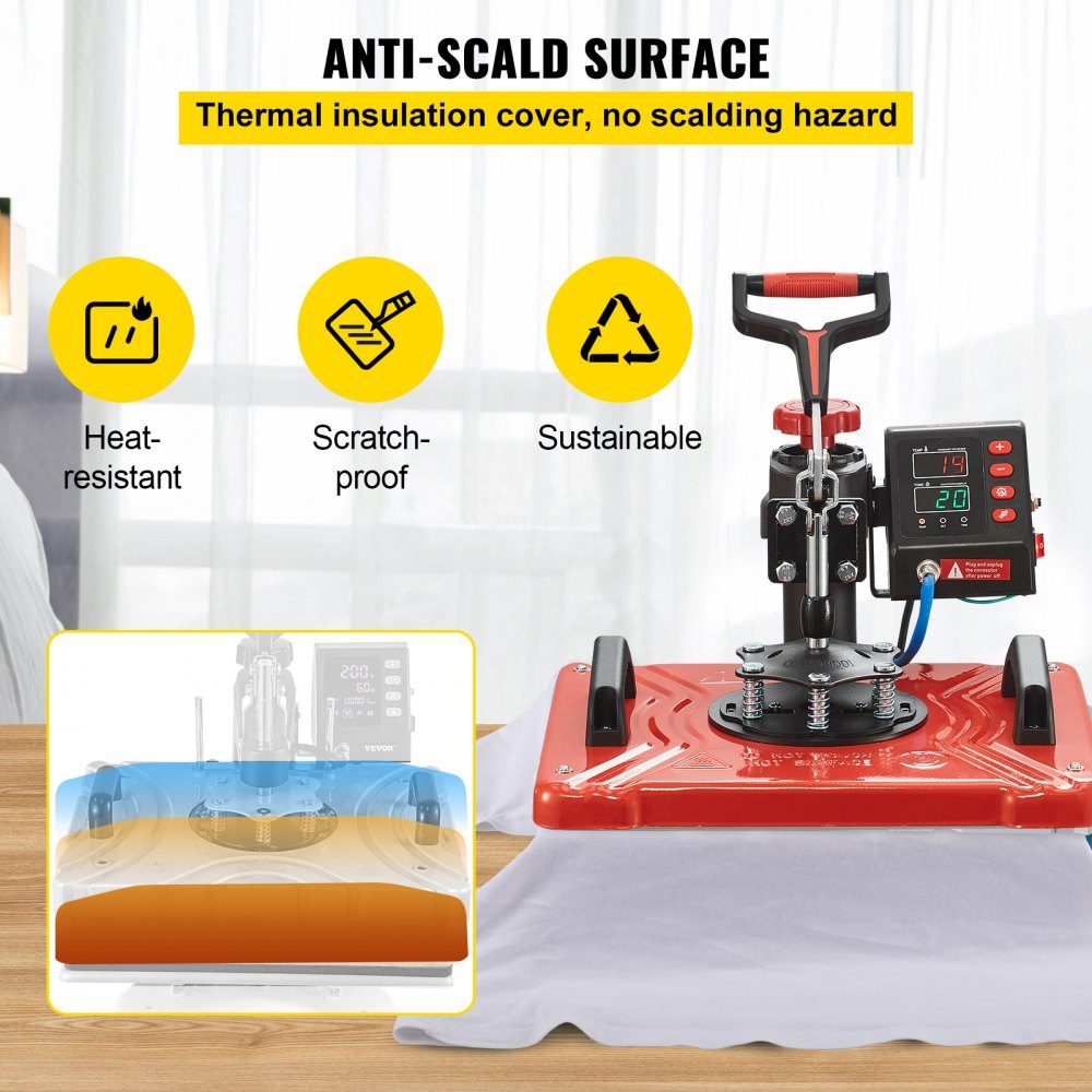 Heat Press 38x30cm Transfer Press 10 in 1 T-Shirt Press Red Textile Press Hot Press 360 Degree Rotating Multifunctional Sublimation Machine