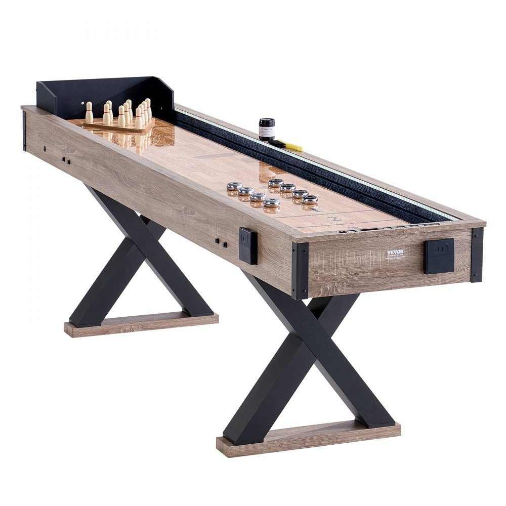 Shuffleboard Table, 9ft Shuffleboard with LED Lights for Family Game Room, 2 in 1 Shuffleboard and Bowling Combo Game Set, with Anti-Scratch Board, Legs, 8 Pucks, Bowling Set, Wax, Brush