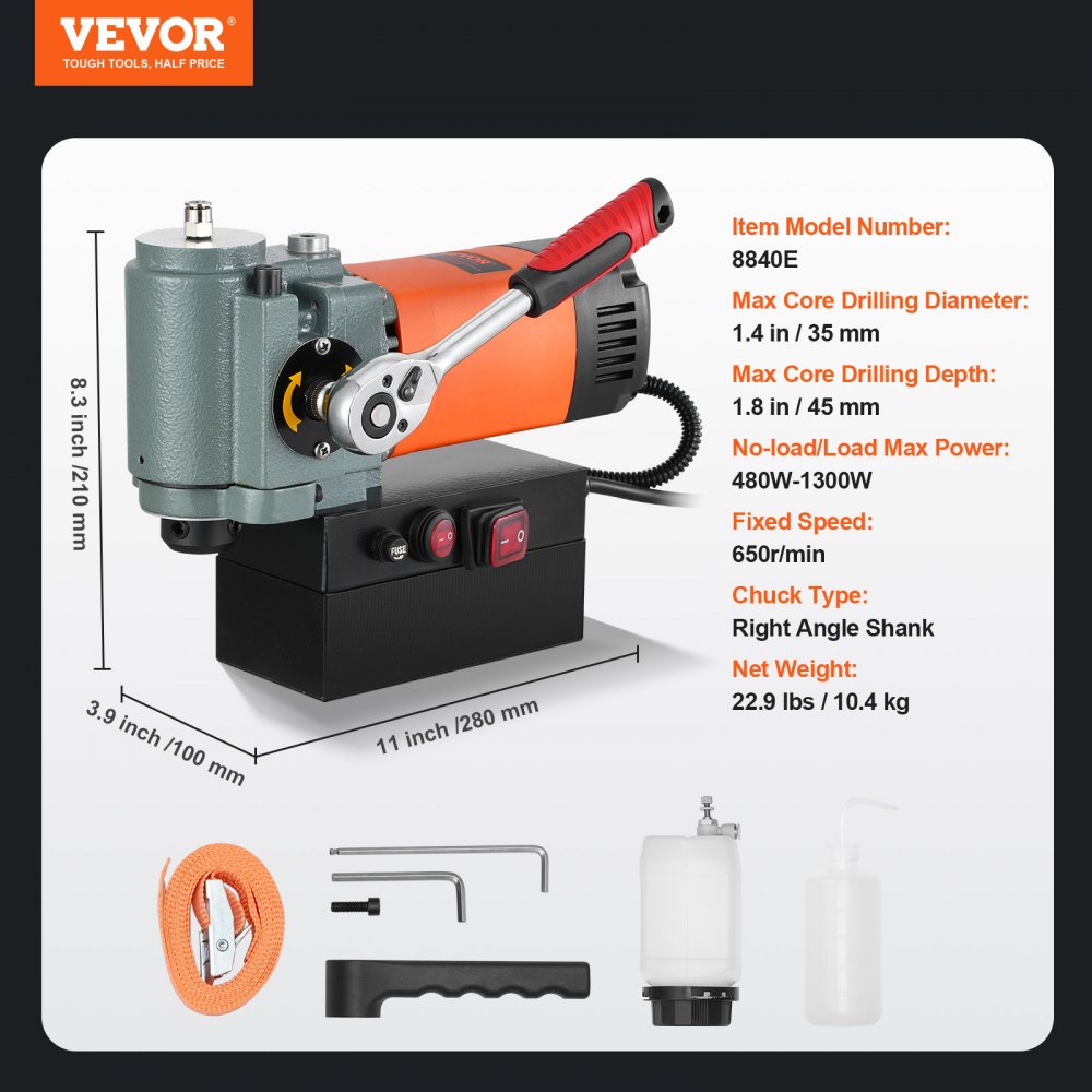 Magnetbohrmaschine, Kernbohrmaschine 1300 W, flach, tragbar, Magnetbohrmaschine mit Kühlgerät und Überlastschutz, Magnetpresse für Geräteinstallation, Industrie, Metallbearbeitung, Orange