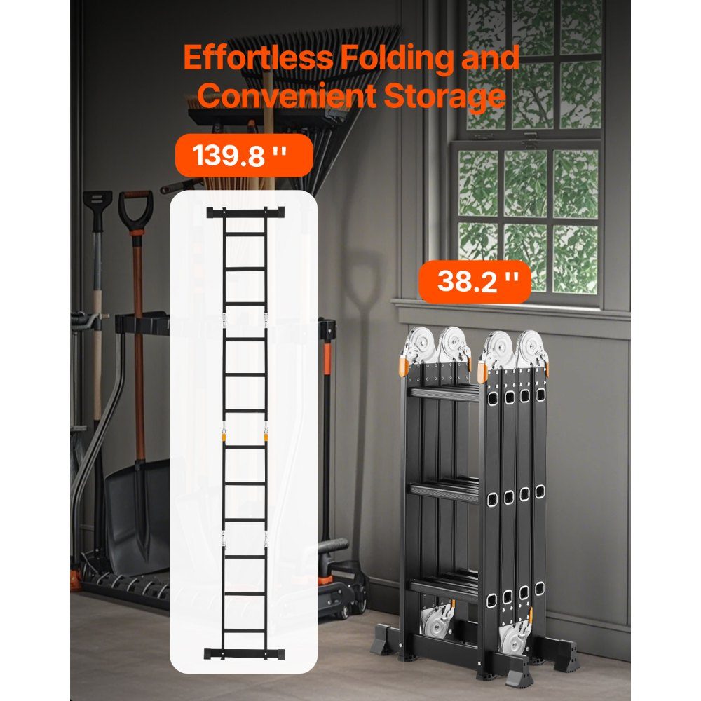 Multipurpose Ladder, 7 in 1 Multifunctional Ladder, A-Frame with 3 Steps and Scaffolding Board, Telescopic Ladder, Ladder Scaffold 3550mm, Heavy Duty Ladder, 150kg Load Capacity, for Home Outdoor Use