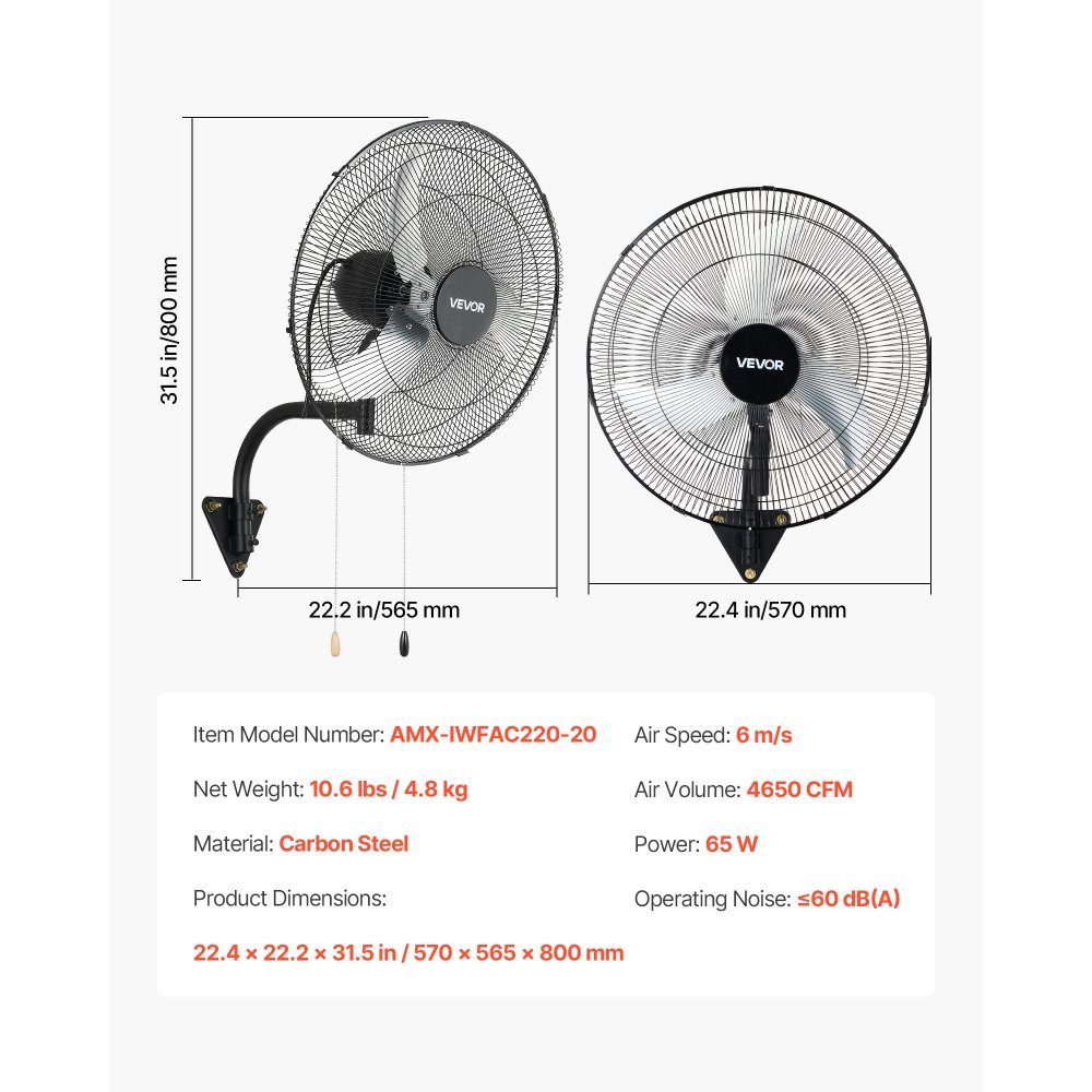 65W Industrial Wall Fan 57cm 6m/s Oscillating Wall Fan with 3 Levels and Adjustable Tilt Angle Commercial Industrial Fan for Workshop Garage Warehouse Gym Black