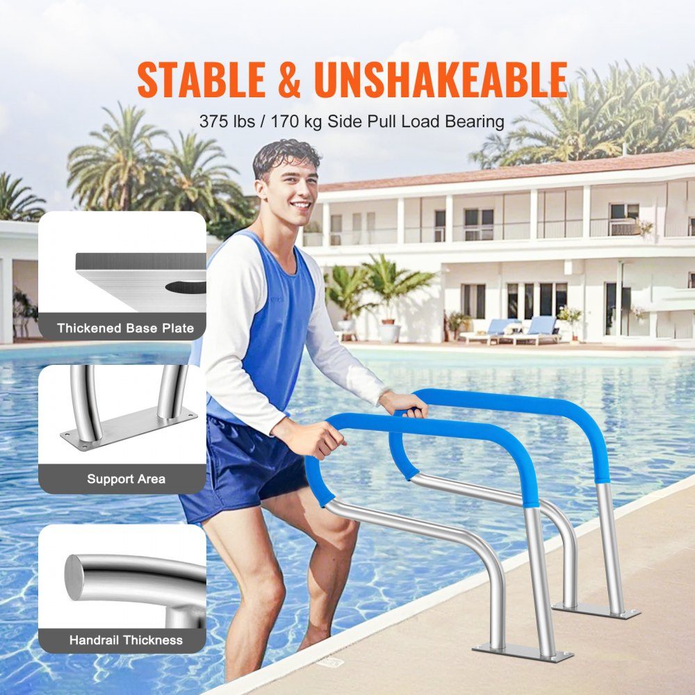 Poolhandlauf 805 x 100 x 585 mm, Pooleinstieg Edelstahl mit Bodenplatte für Innen-/Außenpools, Einstiegshilfe für Schwimmbäder, rostfreier Haltegriff mit Griffabdeckung & Zubehör für Spas