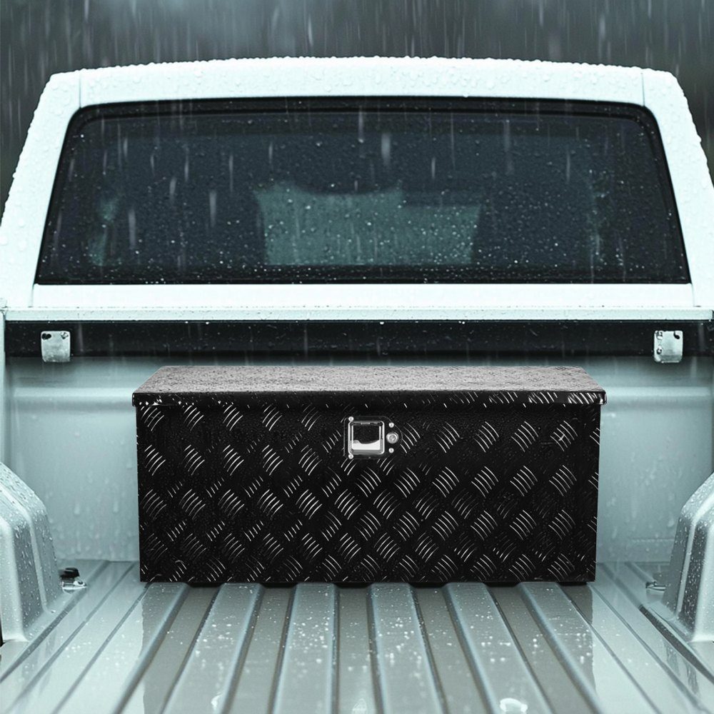 Aluminum Truck Bed Tool Box Striped Tool Box (899x370x370mm) with Side Handle and Pull Out Shelf Trailer Storage Organizer Black
