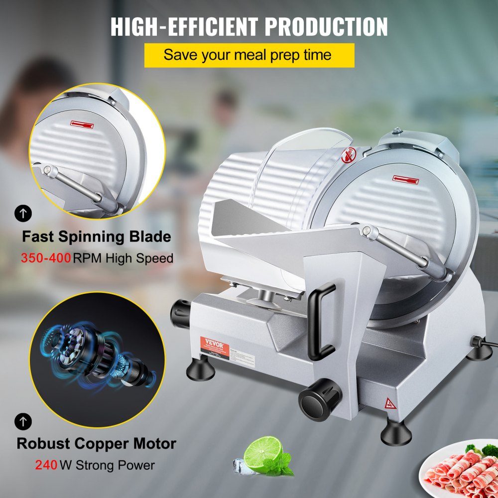 Commercial Meat Slicer, 240W Electric All Slicer Food Slicer with 10" Carbon Steel Blade, 0-12mm Adjustable Thickness for Meat, Cheese, Vegetables etc