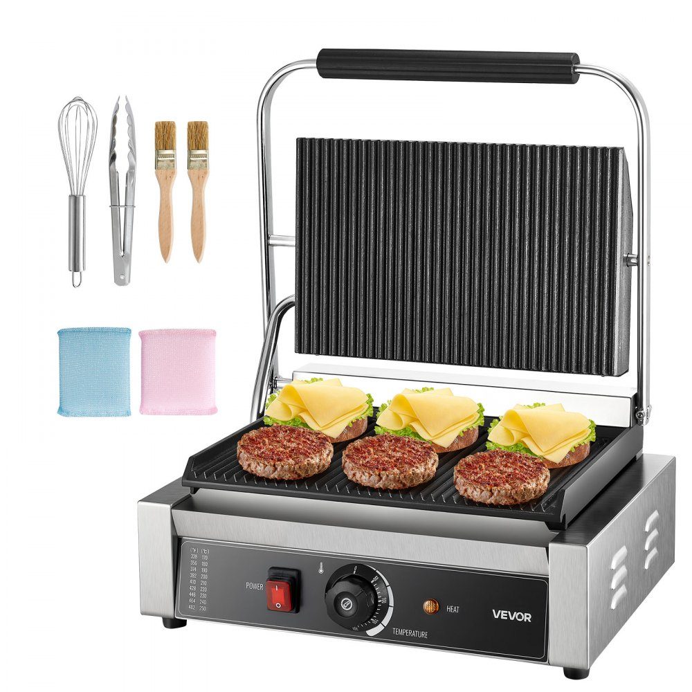 Commercial Panini Grill, Contact Grill 2200 W, for Sandwiches, Steak, Bacon, Hamburgers, Sandwich Maker, Stainless Steel Press Grill with Handle & Temperature Controller & 34 x 23 cm Heating Plate, Panini Press