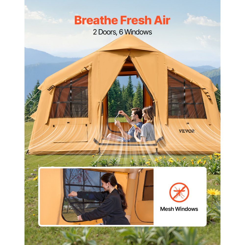Opblaasbare kampeertent voor 8-12 personen met handpomp, glampingtent van 4,8 x 3,6 x 2,2 m met 2 dakramen, luifel, kachelaansluiting, 2 deuren en gaasramen, opbergtas