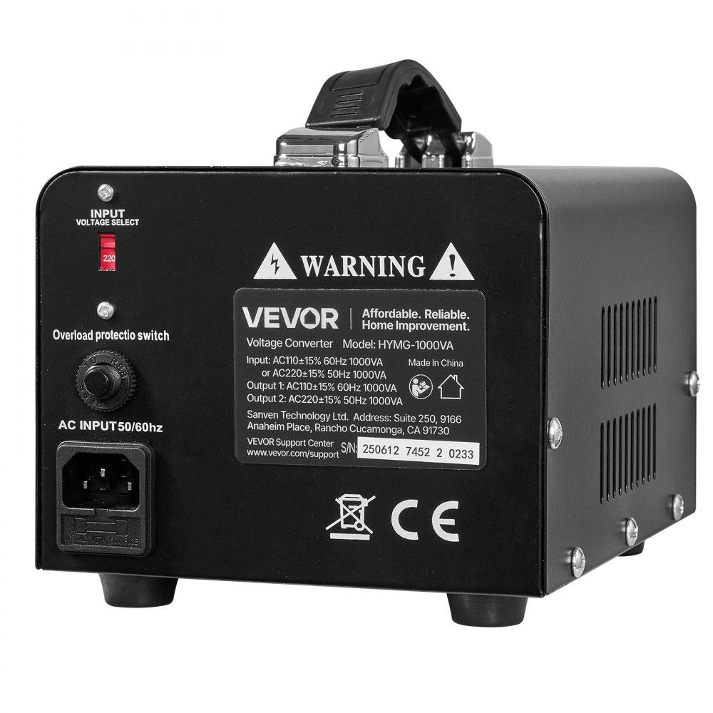 Voltage Converter Transformer, 1000VA Step Up/Down Power Transformer, 110V to 220V and 220V to 110V Conversion, with US and EU Sockets, Power Cord, Circuit Breaker
