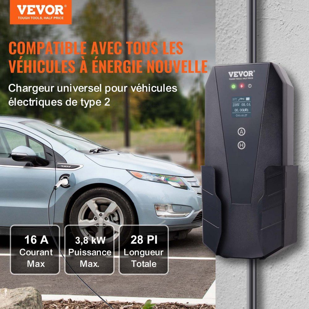 Tragbares EV-Ladegerät mit LCD-Display, 3,68-kW-Ladegerät für Elektrofahrzeuge, EV-Ladekabel Typ 2 (IEC62196), CEE 7/7-Stecker, 16 A, 1-phasige EV-Ladestation, 8,6 m Kabellänge, wasserdichte IP66-Wallbox